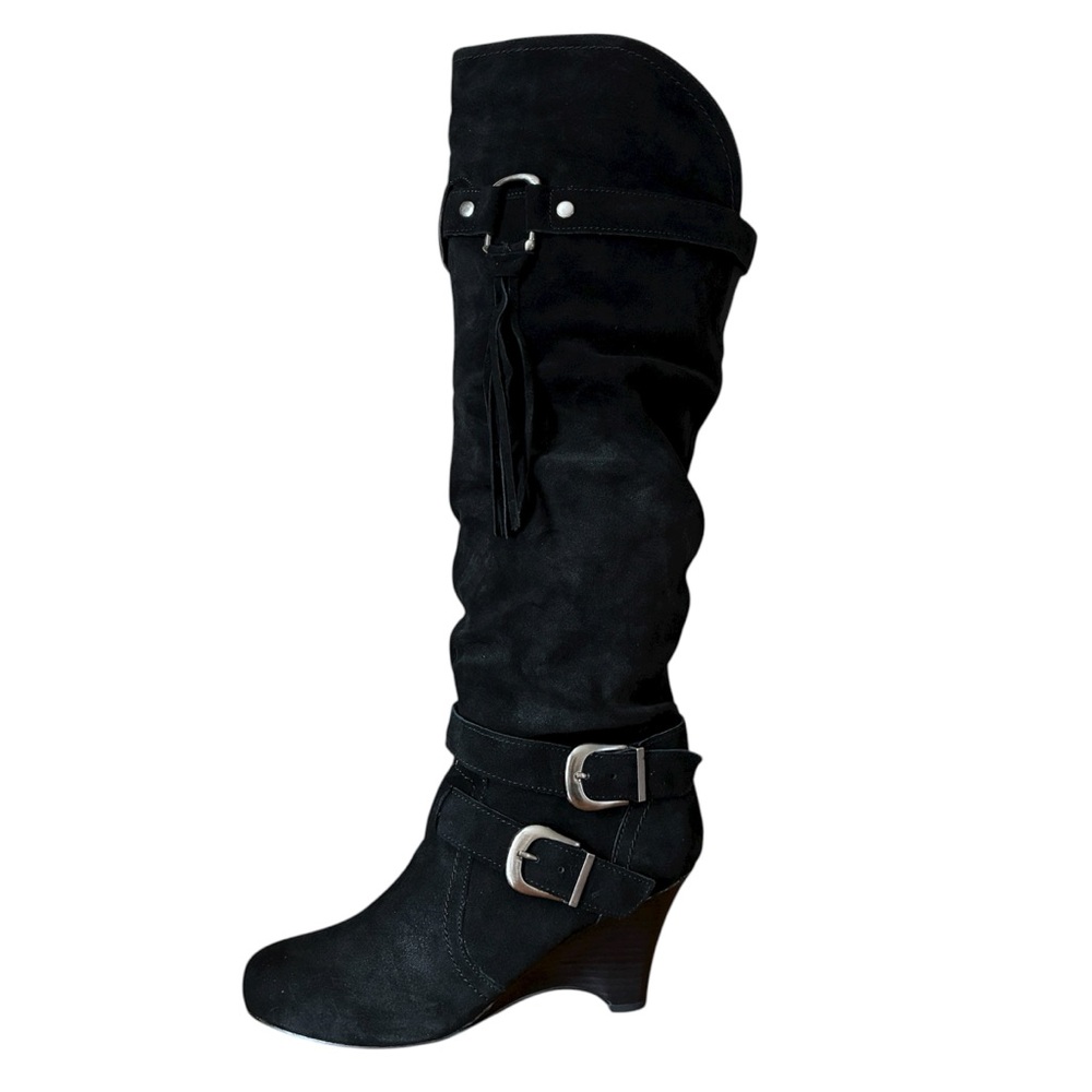 Naughty Monkey Rockin Robin Black Suede Knee-High Slouchy Boots Wedge Heel